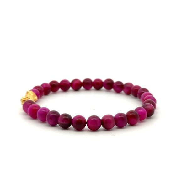 24K Gold Dragon Pixiu Bracelet Gemstones Pink Tiger's Eye 5-6mm Size 7 - Picture 2 of 8